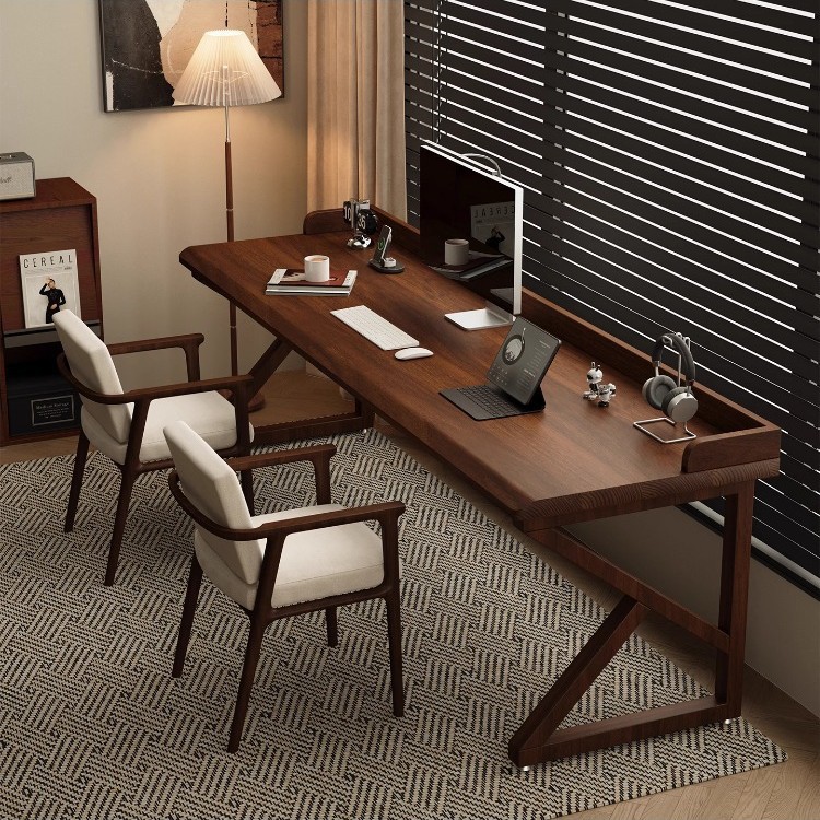 All Solid Wood Double Study Desk with Baffle, Antique Style Long Bedroom Bedside Home Simple Student Computer Desk