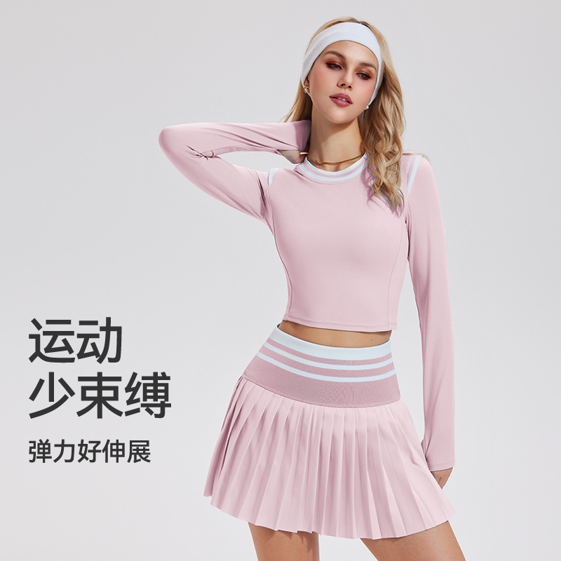 Otoño y invierno ropa de tenis femenina de colores falsos dos piezas de manga larga corta de cuello redondo cintura camiseta deportiva de acondicionamiento físico de secado rápido