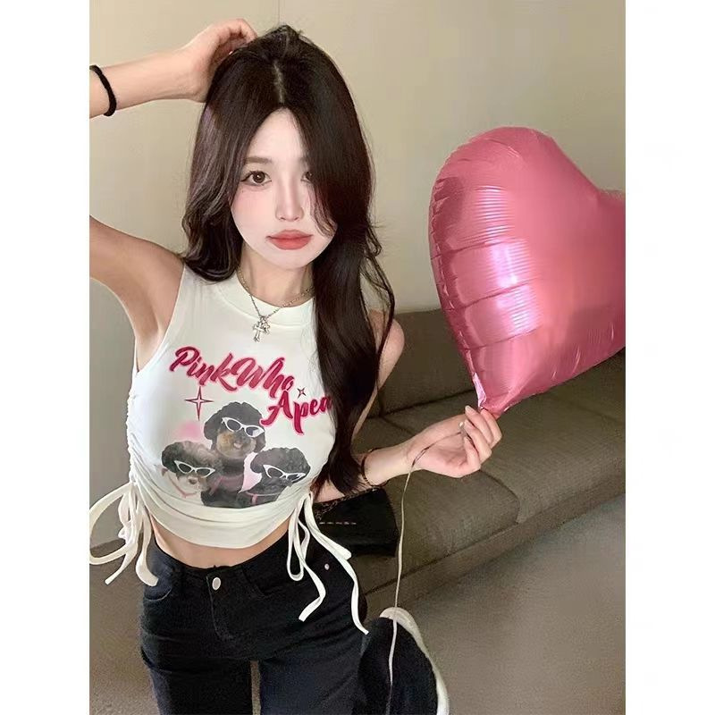 Sweet and Spicy Short Vest T-shirt Women's Summer Pure Cotton Printed Navel Camisole Bilateral Drawstring Design Top Trendy