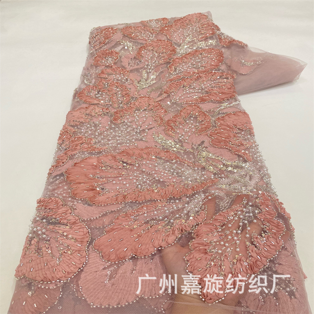 Plástico de hilo de red, proceso de flor, laminado, bordado de cuentas, tela de flor grande, vestido de posición de flor grande, encaje de flor, encaje, lace fabric