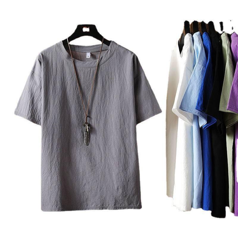 Cotton Linen Short-sleeved T-shirt Men's Loose Round Neck Chinese Style Retro Trendy Brand plus size Solid Color Base Shirt Men's Top T-shirt