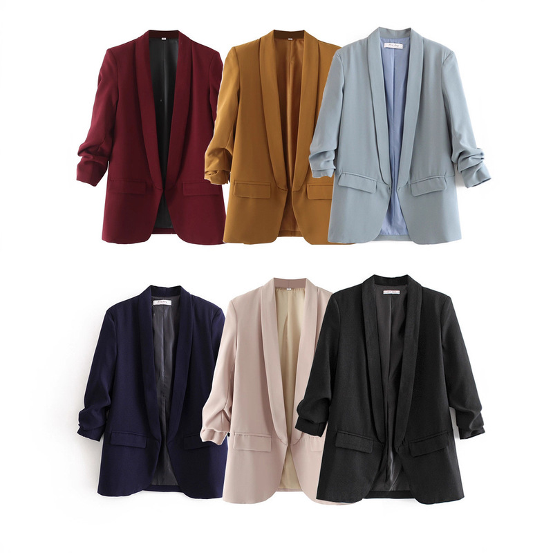 Cross-Border Women's Clothing 2024 Spring & Fall New European and American Style Buttonless Pleated Sleeves Slim Fashion Versatile Suit Jacket for Women