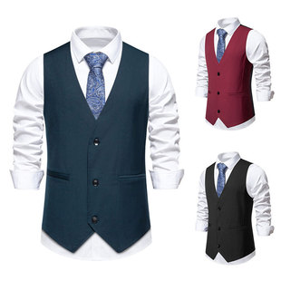 2024 Cross-border Men's Vest Amazon Men's Retro Solid Color V-neck Single-breasted Vest Vertical Stripe Men's Wear