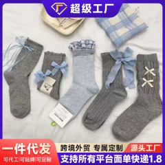 春夏韩系高颜值堆堆袜少女花边日系百搭可爱格子灰蓝色蝴蝶结袜子