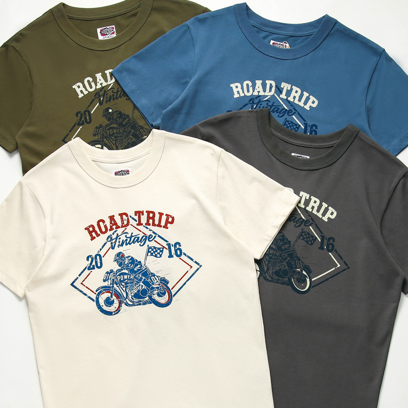 260g American-Style Vintage Pure Cotton European and American Motorcycle Print Round Neck Men's Short-Sleeve T-Shirt Vintage Motorcycle