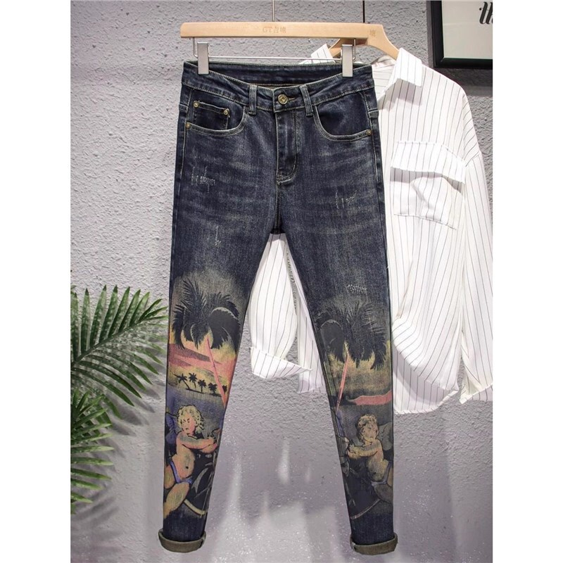 American Retro Washed Vintage Jeans for Men with Unique Prints, Trendy Slim-Fit Skinny Pants, Stylish and Versatile Long Trousers American Retro Washed Vintage Jeans for Men with Unique Prints, Trendy Slim-Fit Skinny Pants, Stylish and Versatile Long Trousers