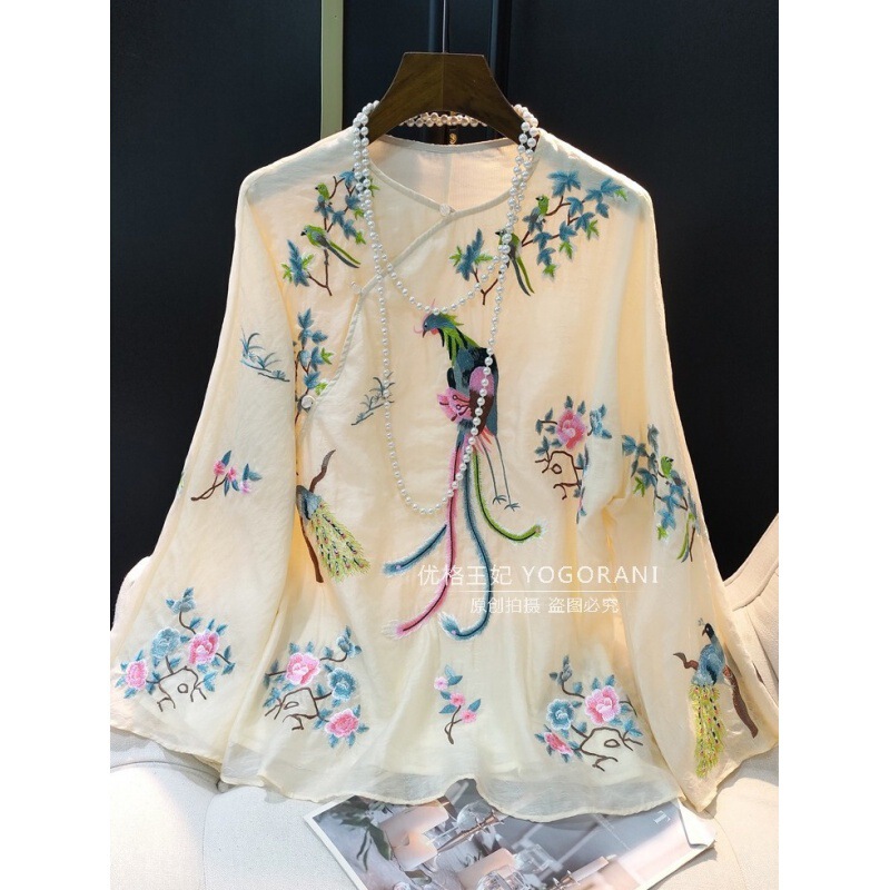 Retro New Chinoiserie Round Neck Embroidered Shirt for Women 2023 Summer New Style National Style Casual Versatile Top Trendy Long Sleeves