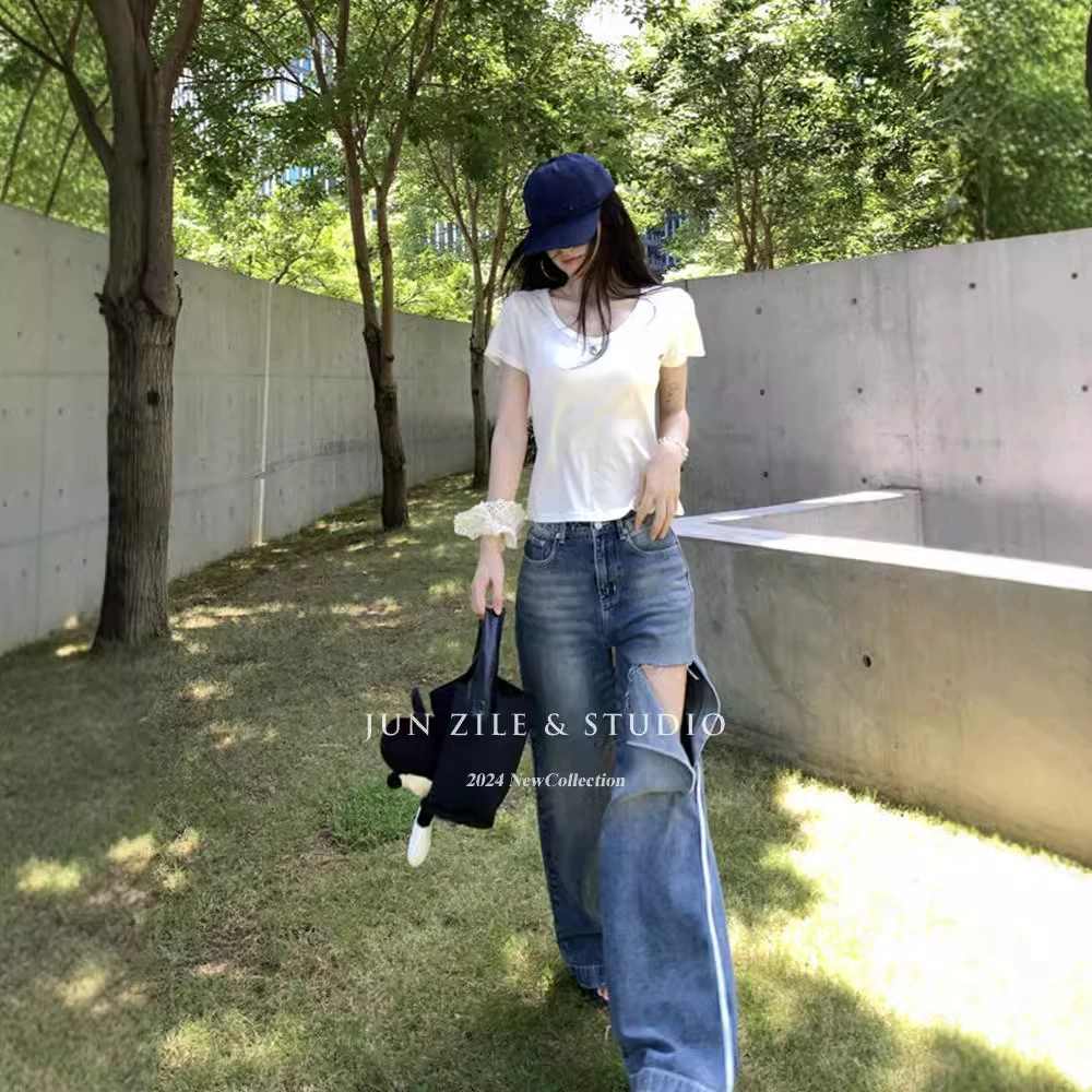 Retro spring trousers, jeans, American style, high waist, loose straight fit
