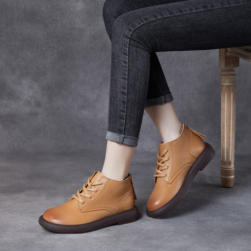 First-layer cowhide flat-bottom round-toe retro brown sassafras color high-top single-layer leather nude boots casual and versatile autumn and winter women's cotton shoes