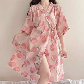 日系甜美风桃子印花睡衣女夏季中长款宽松短袖浴袍睡裙家居服