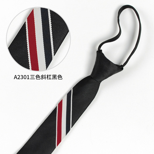 Korean style narrow embroidered logo zipper tie manufacturer wholesale trendy fashion accessories men's lazy tie