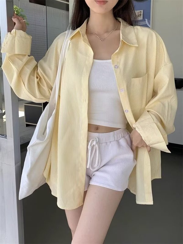 慵懒风条纹翻领长袖衬衫女韩系设计感休闲宽松衬衣春秋开衫防晒衣|undefined