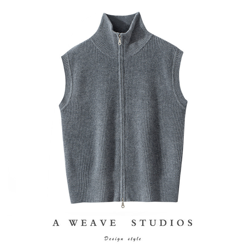 Extremely Wearable! Zippered Half Turtleneck Cashmere Cardigan Women's Vest Loose Thickeneded Knitted Sweater Jacket