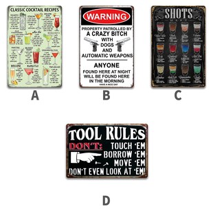 Set of Four Retro Style Bar Tin Drawing Cocktail Recipe/Funny Warning/Shooting Menu/Tool Rules