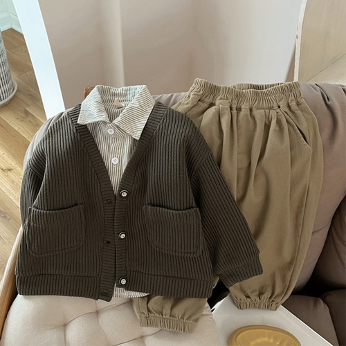 Boys suit 2024 spring new style knitted jacket Korean style shirt and trousers three-piece set for children and middle-aged children dropshipping