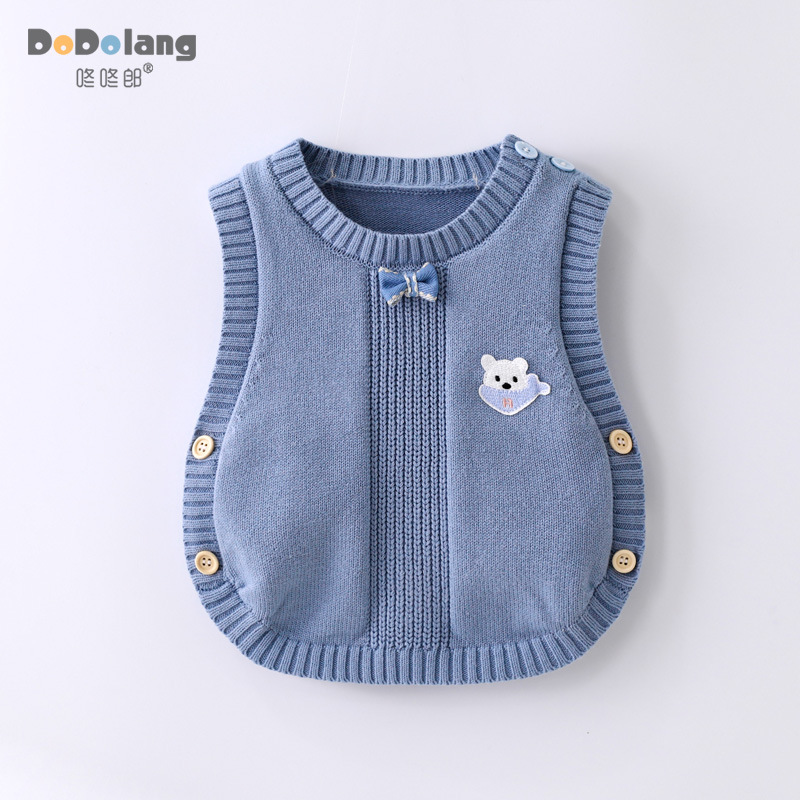 Baby sleeveless top with small bow tie knitted vest, for spring and autumn, wholesale for boys and girls, solid color cotton yarn vest.