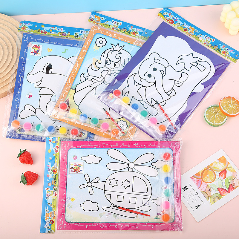 卡通六連體水彩畫兒童填色畫水粉畫 水彩顏料批發美術用品地攤畫