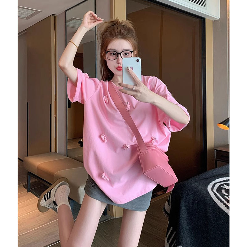 Summer Loose Casual Pink Heavy Industry Stereo Bear Short-sleeved T-shirt Women's Design Pure Cotton Petite Top ins