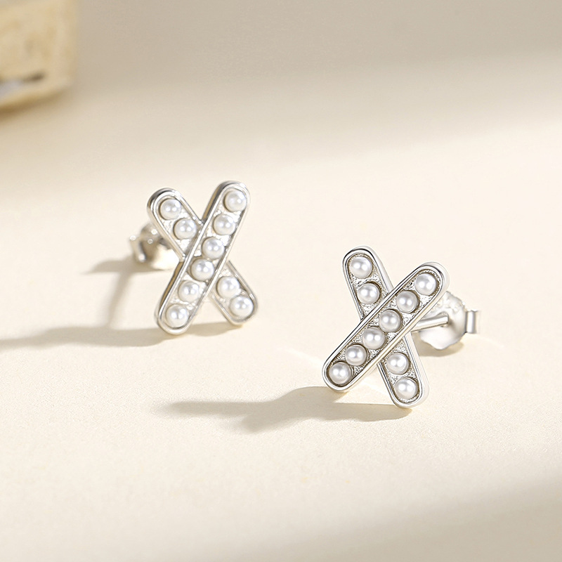 Perla Cruz letra X Stud pendientes de plata 925 estilo francés luz estilo de lujo nicho diseño sentido nicho Stud pendientes Internet celebridad mismo estilo
