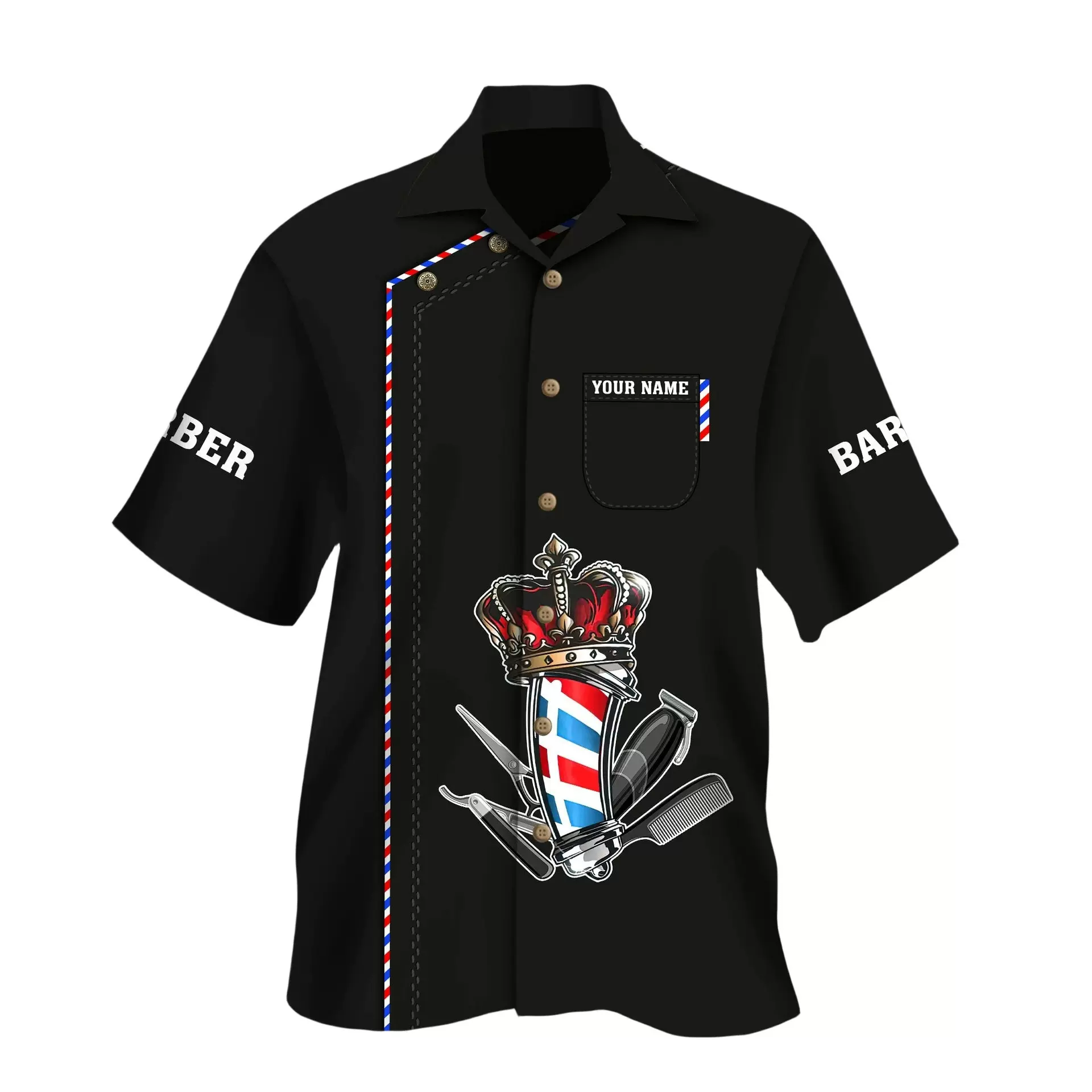 2024跨境3D数码理发师印花夏季男休闲短袖外贸夏季短袖衬衫批发