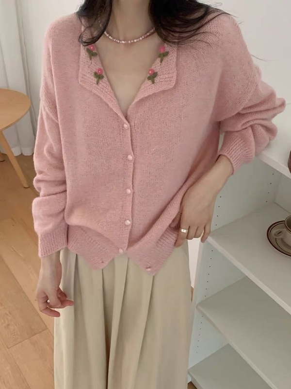 温柔风甜美刺绣花朵翻领针织开衫女秋季新款宽松气质软糯毛衣外套|undefined