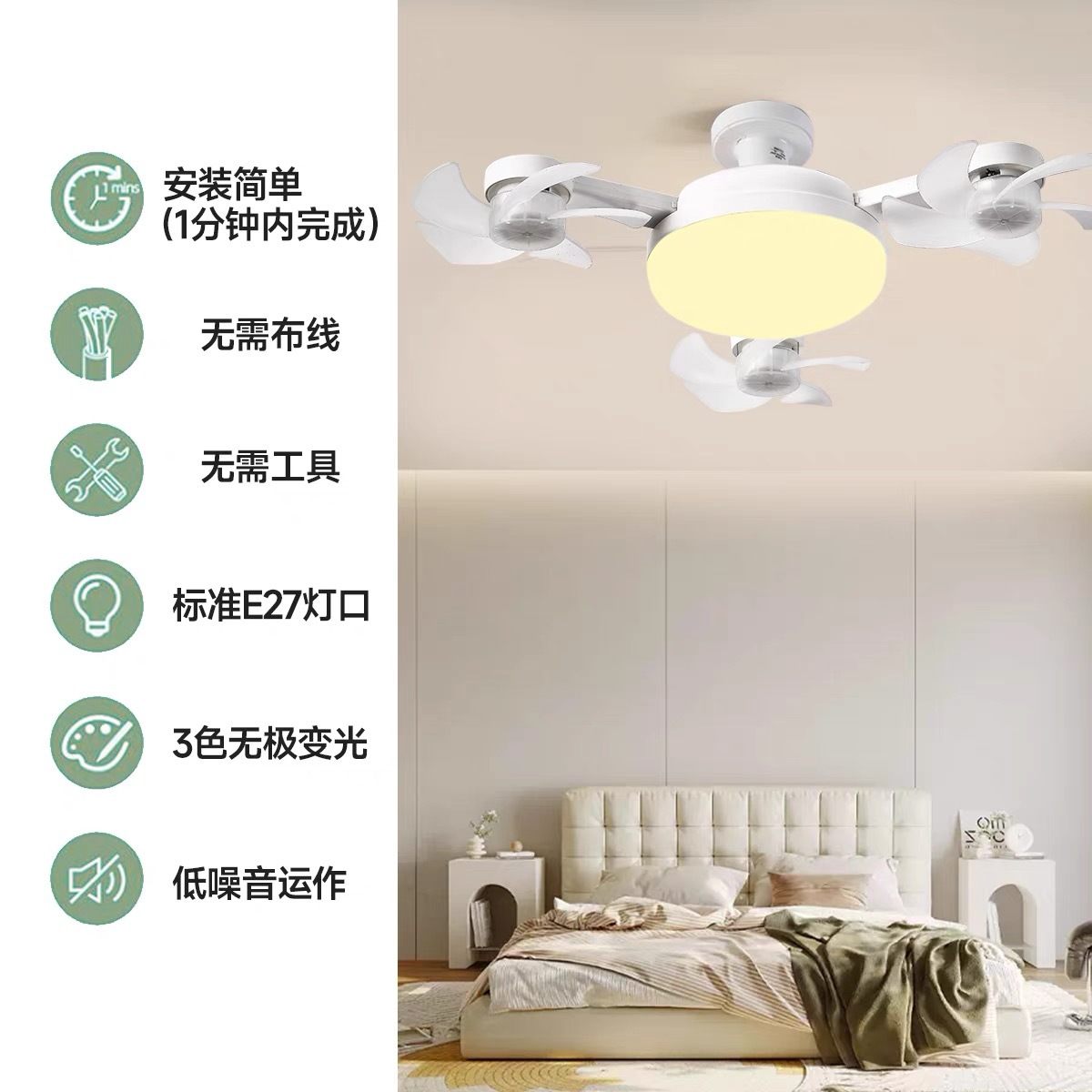 Lámpara Ventilador E27 de ABS con Control Remoto para Cocina y Baño