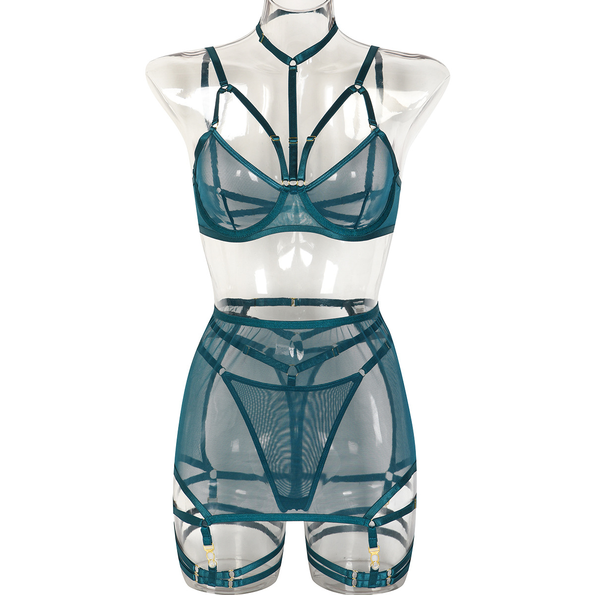 Dark Blue Color Sheer Skirted Three Piece Lingerie Set