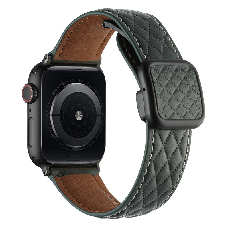 Genuine Leather Diamond-Pattern Magnetic Buckle New iWatch Strap Niche S9 Suitable for Applewatch Apple S8 Watch 10