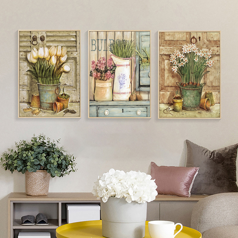 欧式美式复古植物花卉盆栽三联组合客厅沙发装饰画图片画芯