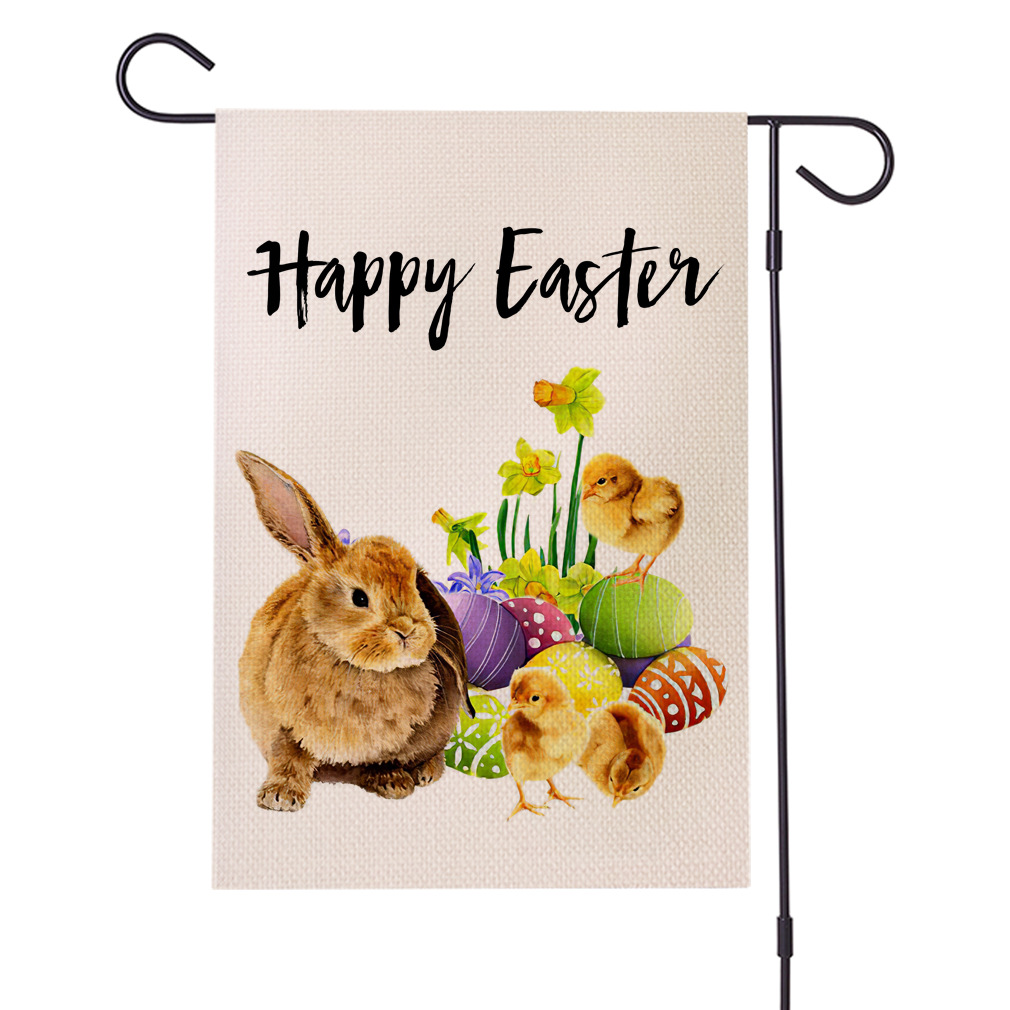 跨境复活节兔子彩蛋图案亚麻花园旗双面印刷旗子庭院装饰吊旗厂家