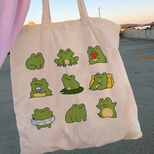 Women Shopper 可爱青蛙帆布购物包简约个性休闲女孩手提包拎书包