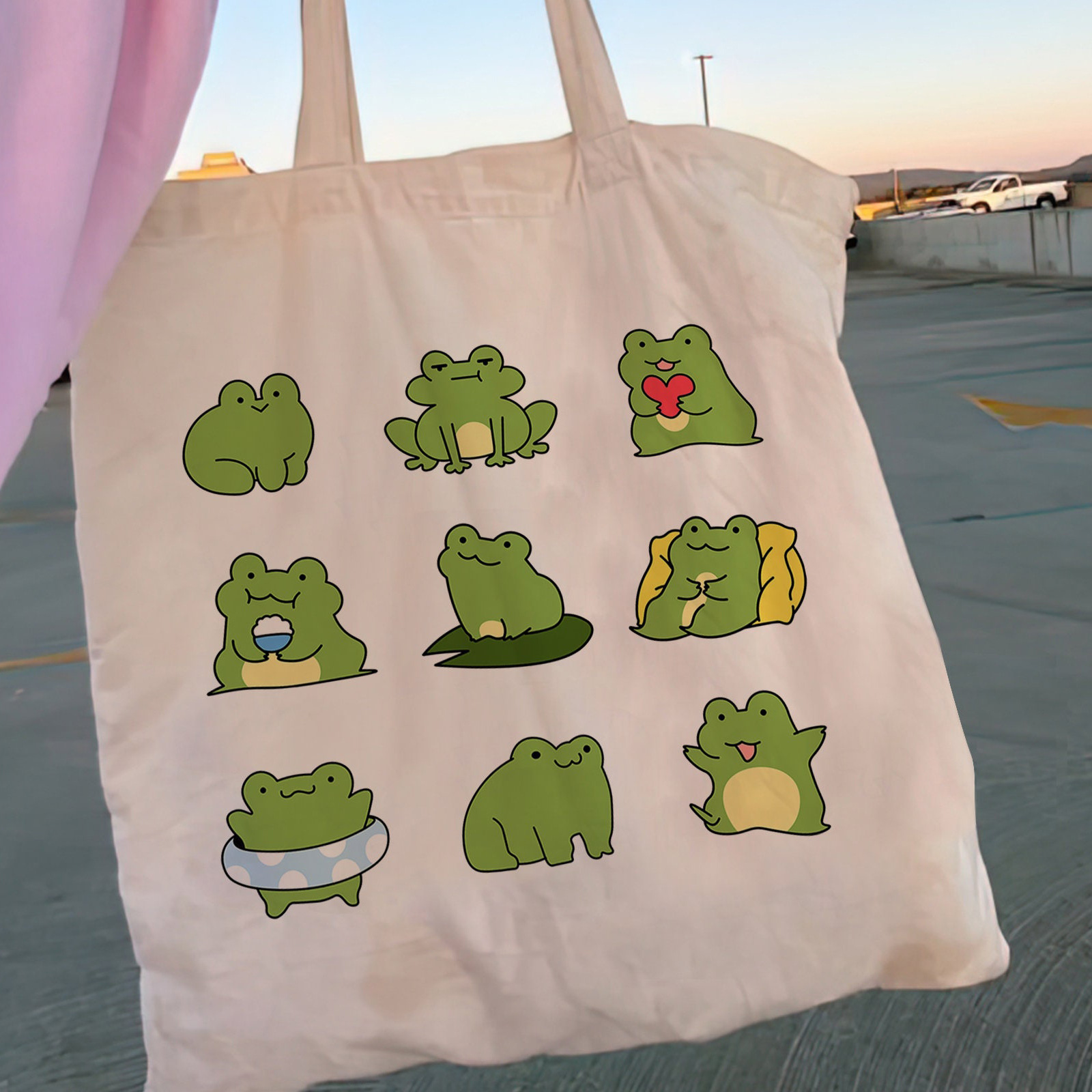 Women Shopper 可爱青蛙帆布购物包简约个性休闲女孩手提包拎书包