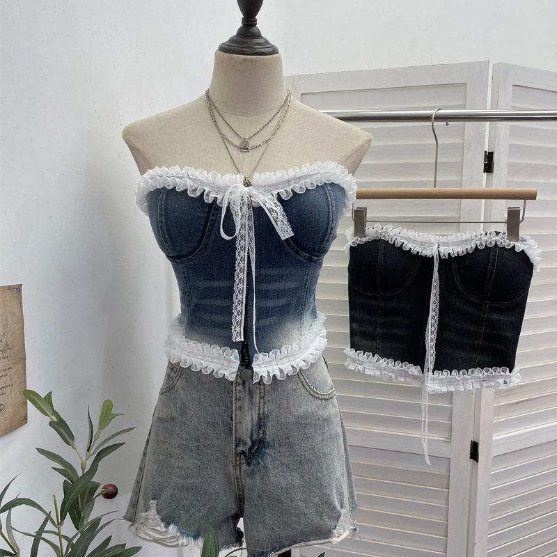Real Shot of Hot Girl's Lace-Trimmed Lace-Up Denim Tube Top for Women, Summer Short Top with Chest Pads for Outer Wear 2761 Real Shot of Hot Girl's Lace-Trimmed Lace-Up Denim Tube Top for Women, Summer Short Top with Chest Pads for Outer Wear 2761