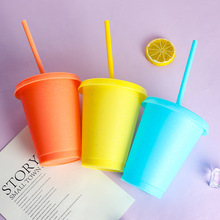 473ml闪粉吸管杯 儿童pp吸管塑料杯 创意冰沙闪粉变色塑料杯现货