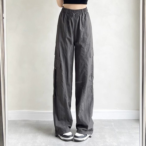 Vintage Rocker Straight Leg Work Pants for Women Summer High-Waisted Pocket Floor-Length Drawstring Ankle Pants
