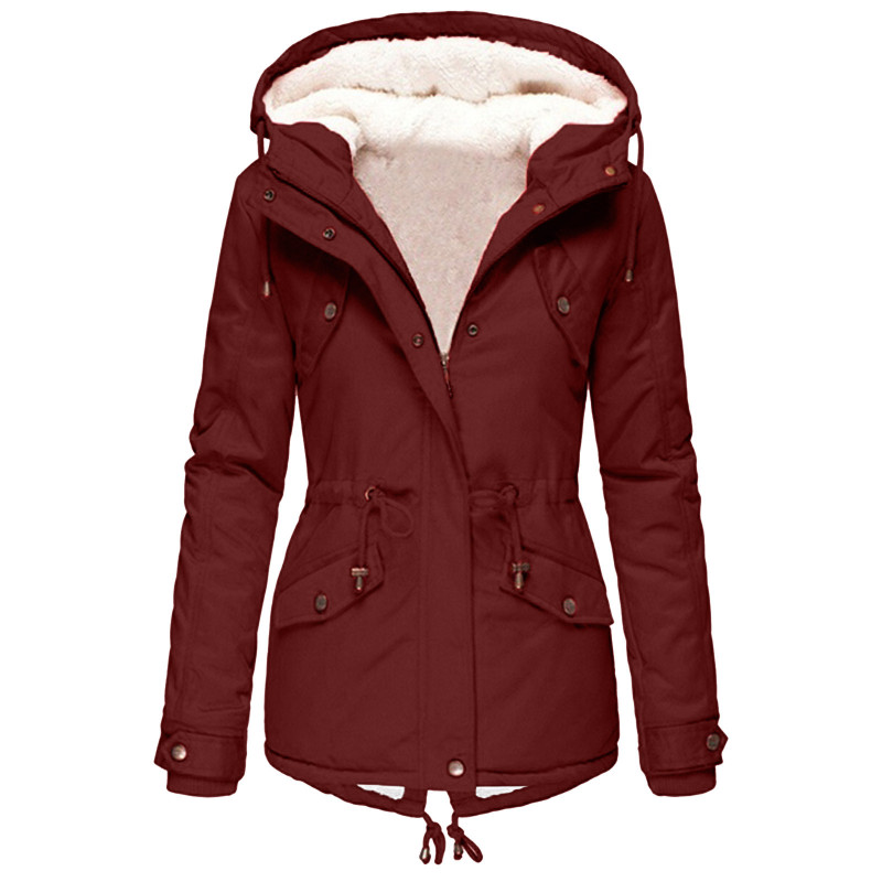 Foreign Trade Winter New Hot Hood Waist Slimming fleece-lined Thickened Warm Cotton Women's Mid-length Plush Pocket