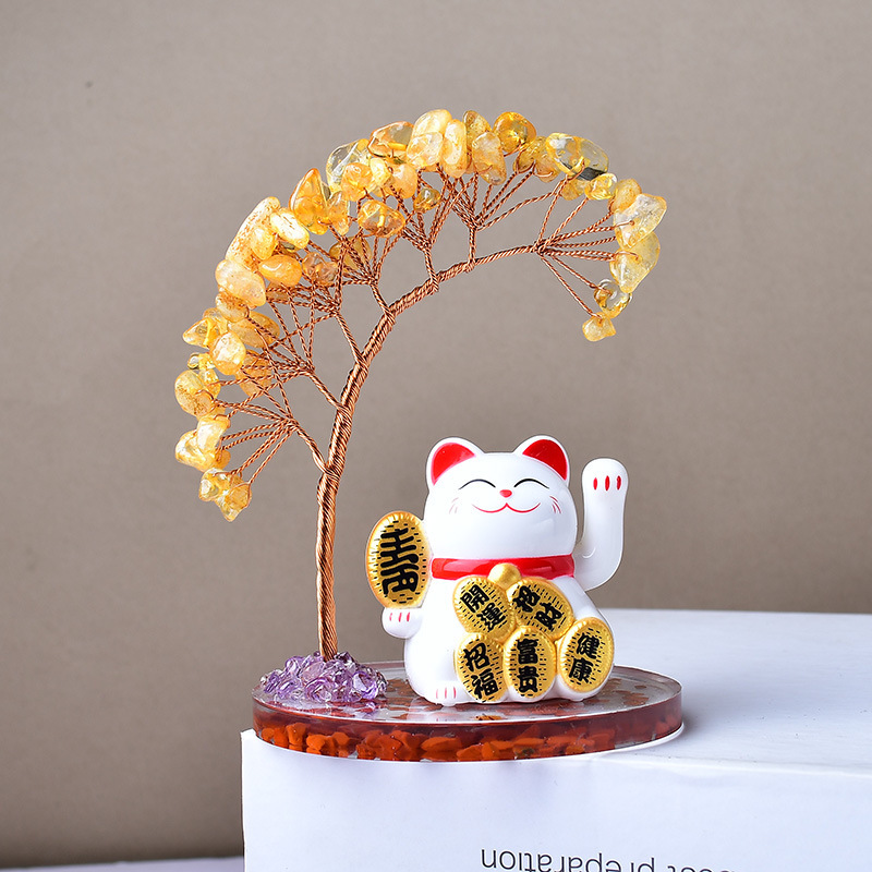 天然水晶フォーチュンツリー招き猫装飾品車ホームオフィスレジデスクトップアクセサリークリスマスギフト|undefined