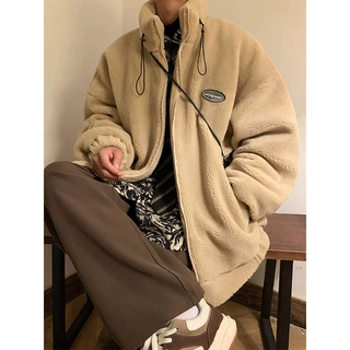 2024拼接羊羔毛绒外套短款时尚棉衣冬季新款宽松加绒加厚棉服开衫