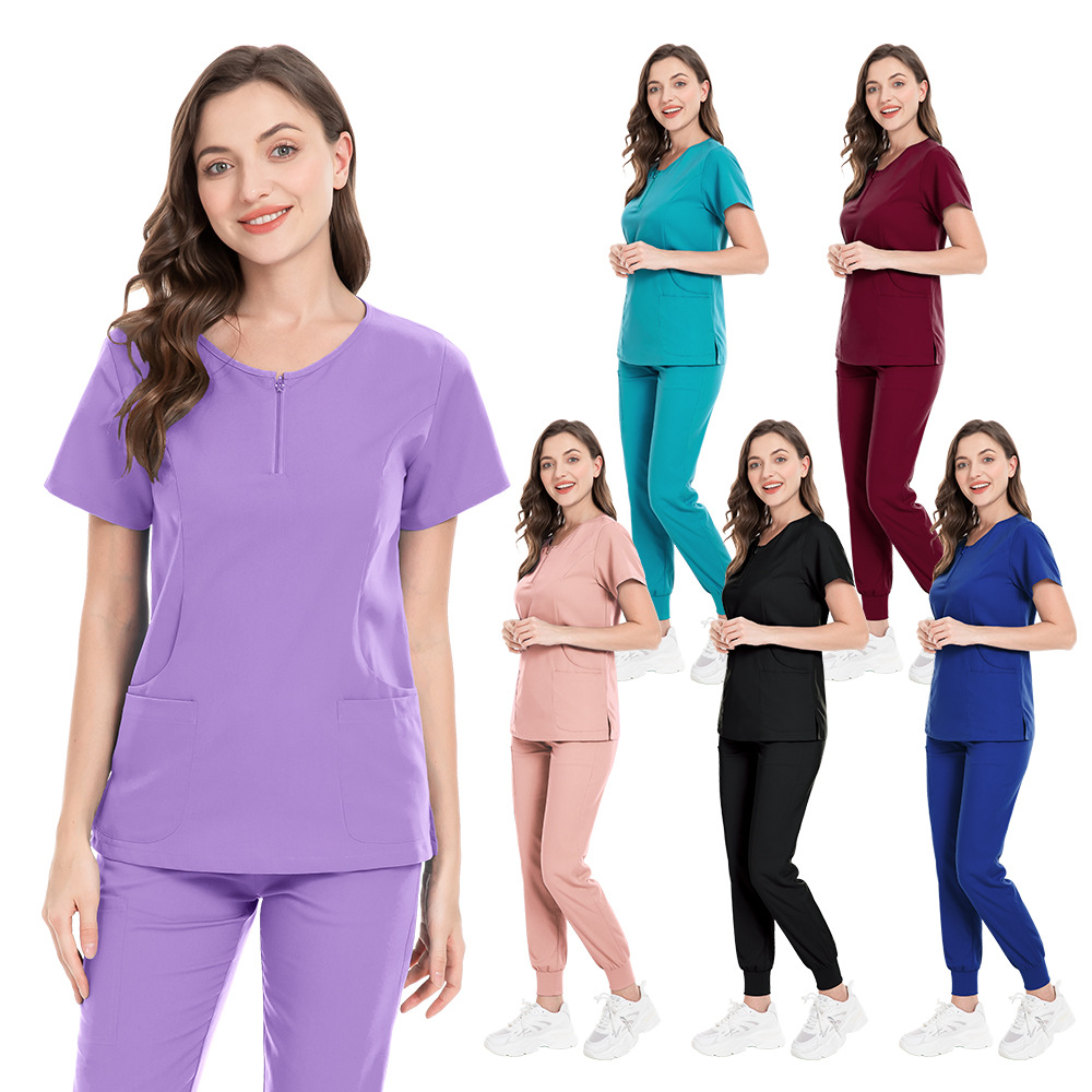 Zippered Half-Open Collar Scrub Set Hospital Work Uniform Solid Color Two-Piece Nurse Uniform Multi-Color Wholesale