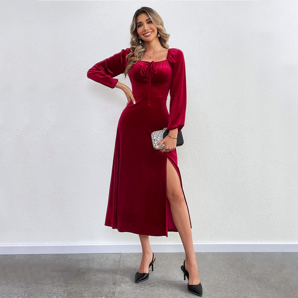 Velvet Long Sleeve Dress Sexy Split Design Waist Cinching Square Neck Puff Sleeves Evening Party Wear OEM