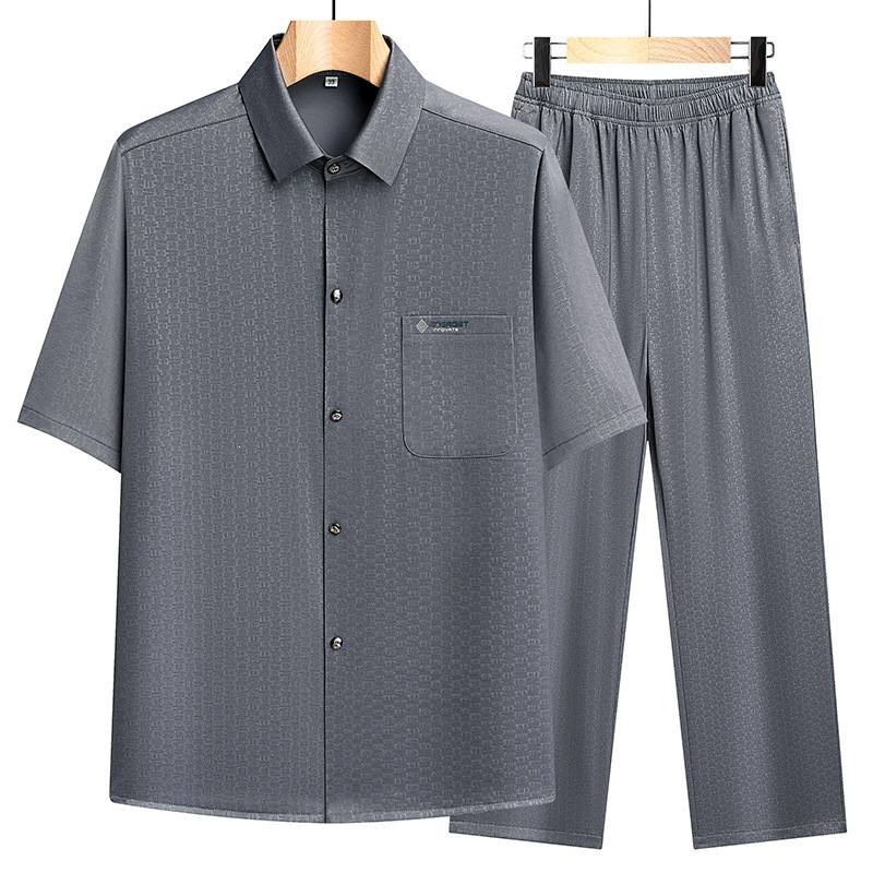 Men's Ice Silk Shirt Casual Suit, Middle-aged and Elderly Dad's Outfit, Loose and Thin Tang Suit Clothing, Summer Hot Item