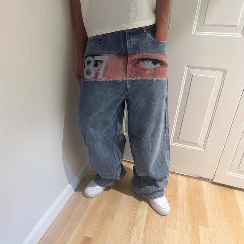 Cross-Border European and American Winter Fashion Trendy Loose Straight-Leg Jeans Y2K Harajuku Retro Ins Style Personalized Street Pants Cross-Border European and American Winter Fashion Trendy Loose Straight-Leg Jeans Y2K Harajuku Retro Ins Style Personalized Street Pants