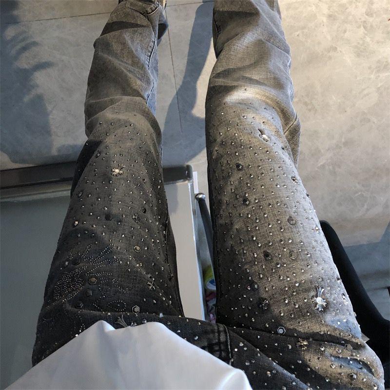 Abbigliamento maschile 2024 Estate High Street Hot Diamond Cross Heavy Rivet Grigio Stretch Slim Fit Skinny Jeans per uomo e donna_voghion.com