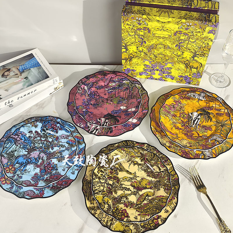 Cross-border Dijia Jungle Illustration Style Indian Elephant Series Bone China Western Food Steak Plate Flat Plate Four Plate suit Gift