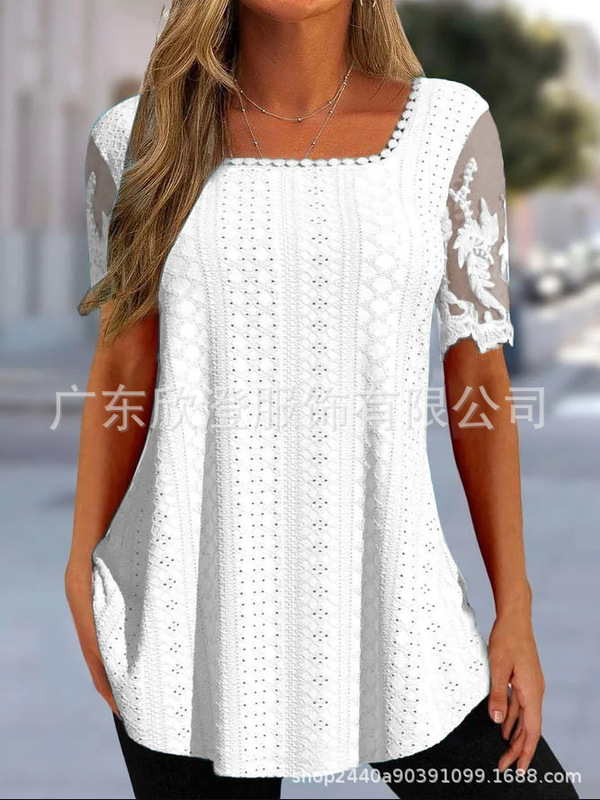Summer Europe and the United States cross-border Amazon independent station wish foreign trade explosions square collar mesh flower lace short sleeve jacket