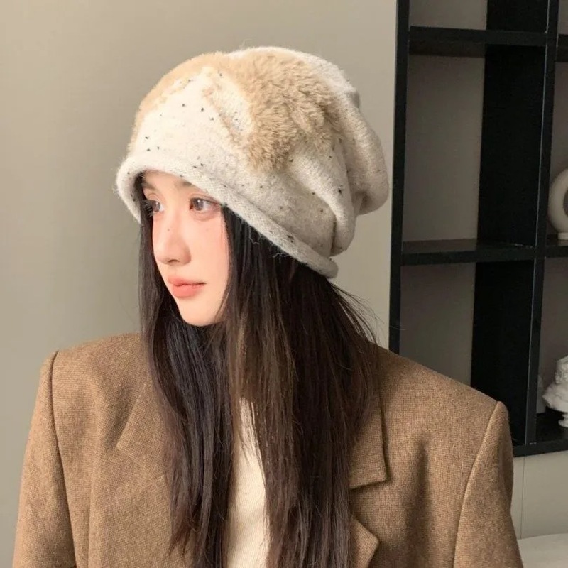 秋冬保暖显脸小堆堆帽女百搭防风针织帽大头围拼色条纹包头毛线帽|undefined