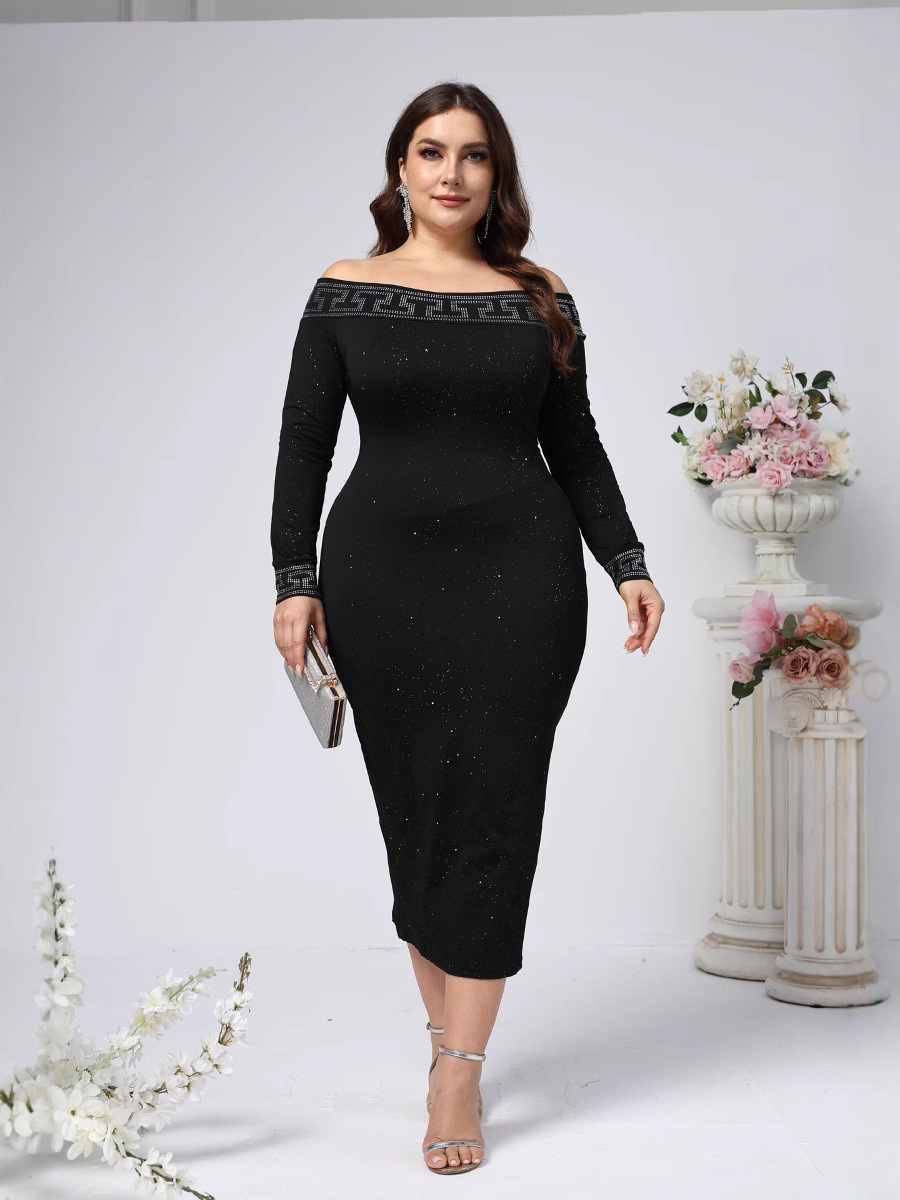 Transfronterizos europeos y estadounidenses de mujer tamaño grande nuevo temperamento sexy de hombro de manga larga delgada taladro caliente vestido de cadera