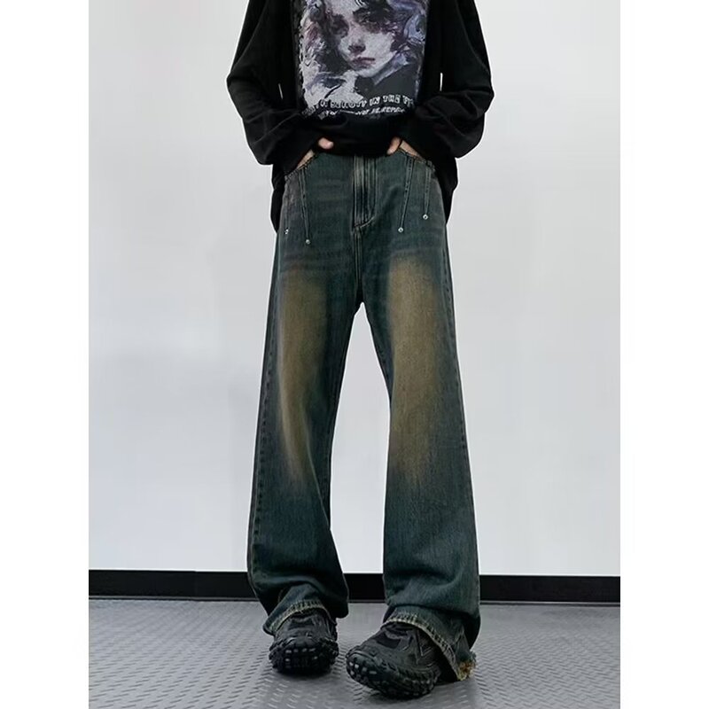 American Style Retro Jeans Men's Autumn Washed Old Loose plus size Straight Leg Pants Trendy Brand Niche Design Micro-pants