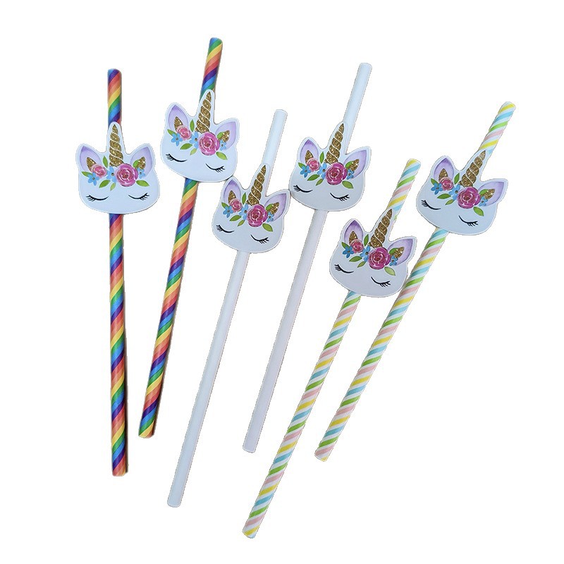 Decoración de fiesta de unicornio transfronterizo de papel arcoíris pajita desechable de cóctel degradable decoración de pastel