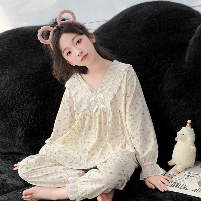 Girls' Pajamas Class a Cotton Long-Sleeved Thin Spring & Fall Kidsren's Princess Pure Cotton Home Clothes 2025 New Set
